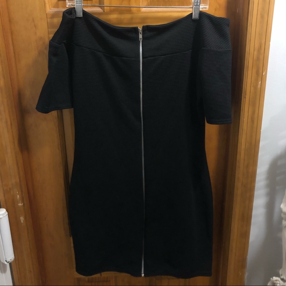 Boohoo x Nadia Aboulhosn off-shoulder zip dress